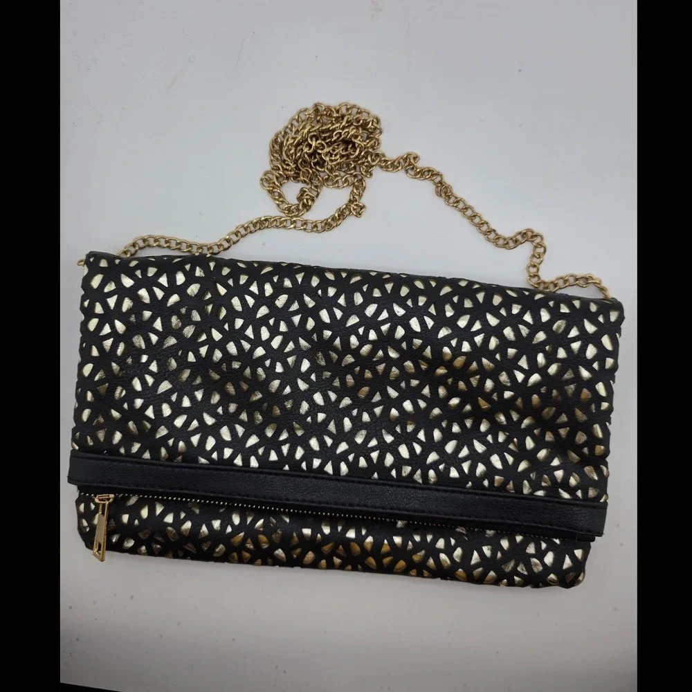 Black Gold Cutout Clutch Purse Fold Over Chain Strap Evening Bag